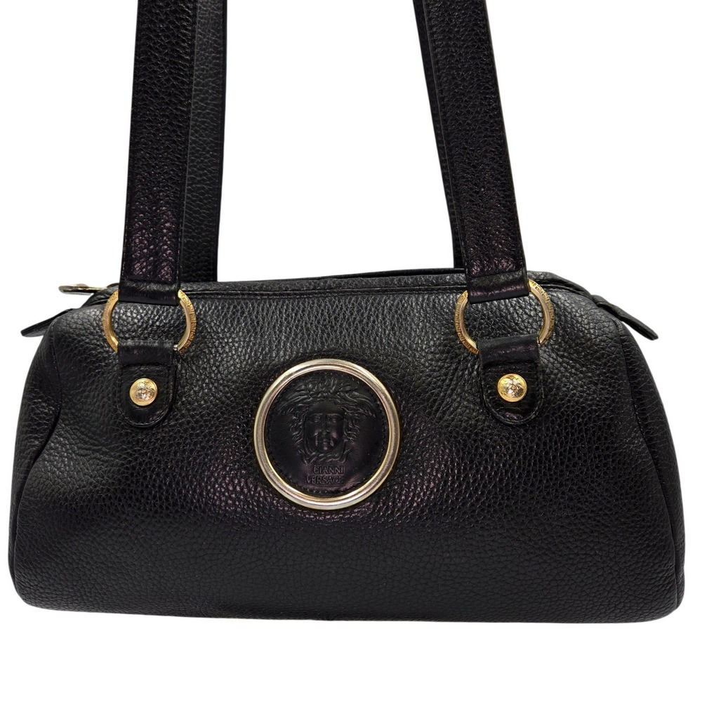 Gianni Versace  Vintage Black Pebbled Leather Medusa Shoulder Bag Gold Hardware